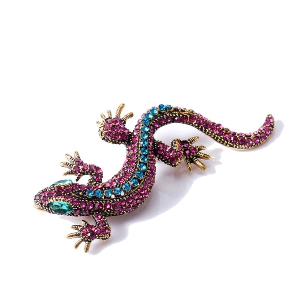 Pink Blue Lizard Rhinestone Pin Broach - Picture 1 of 3